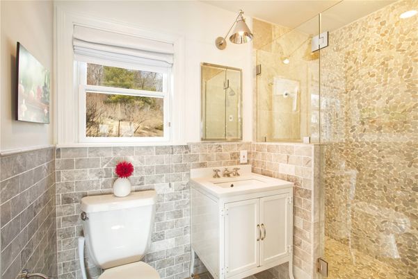 Bathroom, Dual Sink Vanities, Glass Shower, Interior, Stone Walls