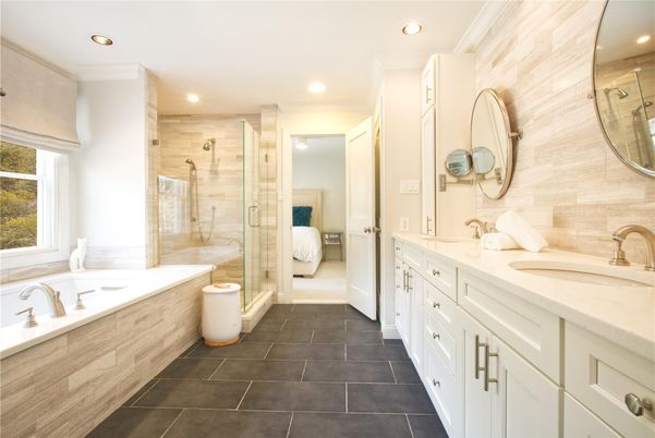 Bathroom, Dual Sink Vanities, Glass Shower, Interior, Recessed Lighting