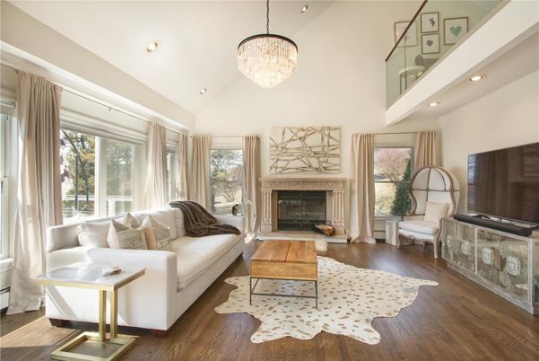 Chandelier, Fireplace, Interior, Living room, Recessed Lighting, Wood Texture Flooring