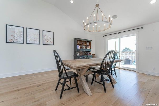 Dining room, Interior, Pendant Lights, Recessed Lighting, Wood Texture Flooring