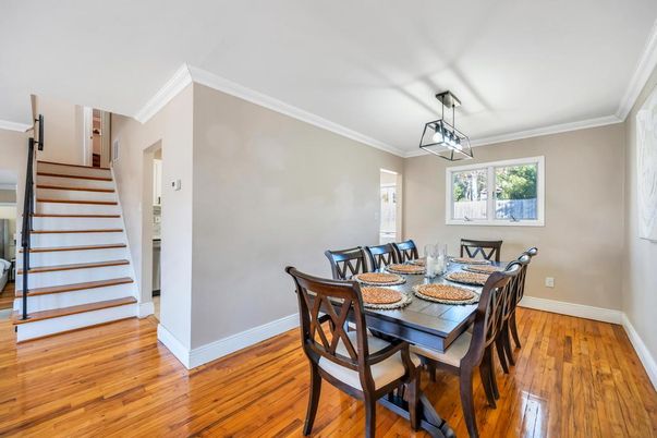 Dining room, Interior, Pendant Lights, Wood Texture Flooring