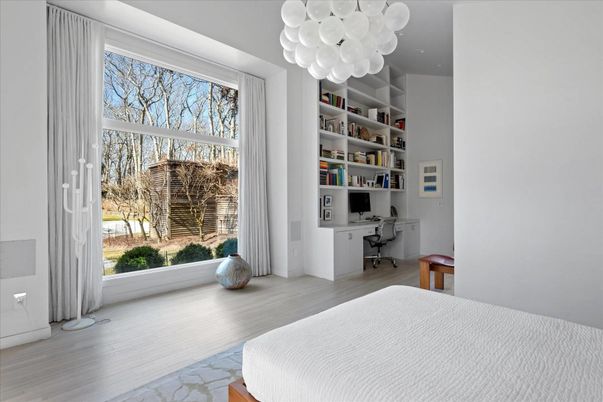 Bedroom, Home Office, Interior, Pendant Lights, Wood Texture Flooring