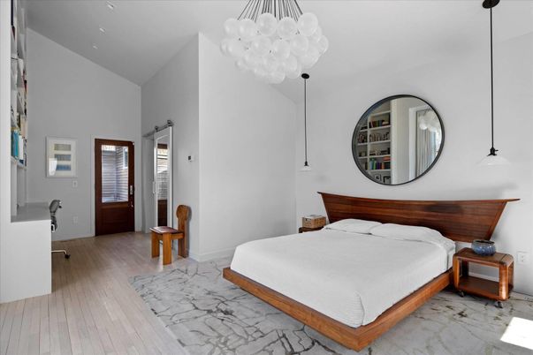 Bedroom, Interior, Pendant Lights, Wood Texture Flooring