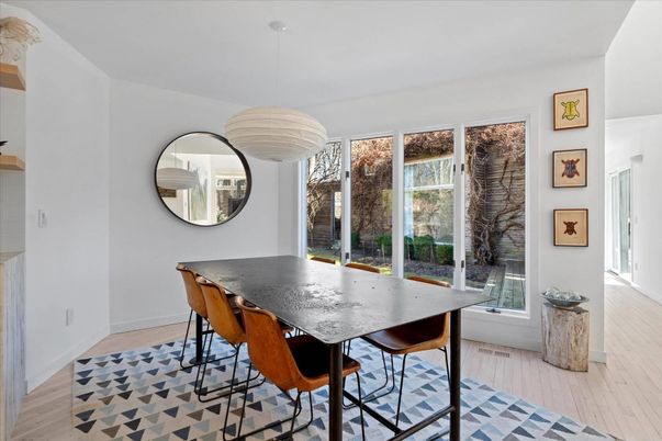 Dining room, Interior, Pendant Lights, Wood Texture Flooring