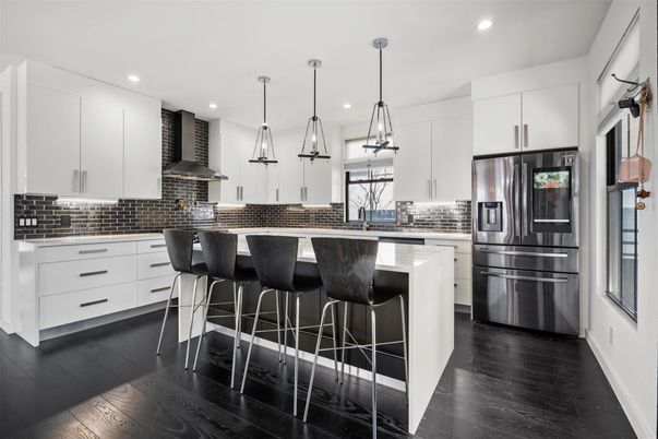 Interior, Kitchen, Pendant Lights, Recessed Lighting, Stainless Steel Appliances, Wood Texture Flooring