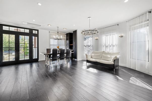 Dining room, Interior, Pendant Lights, Recessed Lighting, Wood Texture Flooring