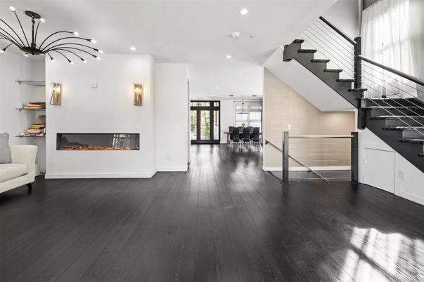 Dining room, Fireplace, Interior, Pendant Lights, Recessed Lighting, Wood Texture Flooring
