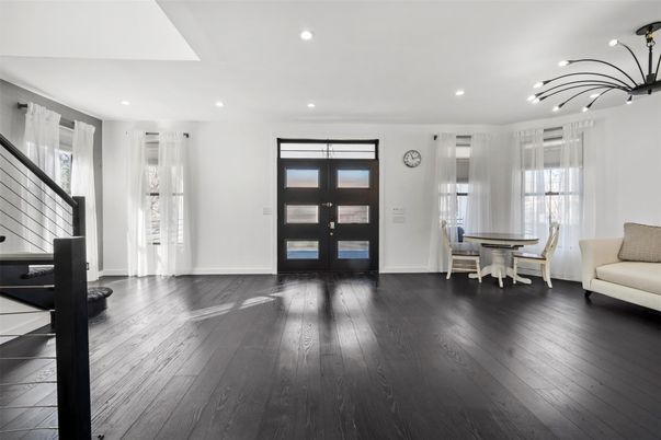 Dining room, Interior, Pendant Lights, Recessed Lighting, Wood Texture Flooring