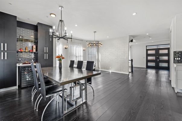 Dining room, Interior, Pendant Lights, Recessed Lighting, Wood Texture Flooring