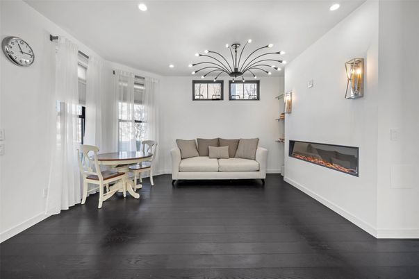 Dining room, Fireplace, Interior, Pendant Lights, Recessed Lighting, Wood Texture Flooring