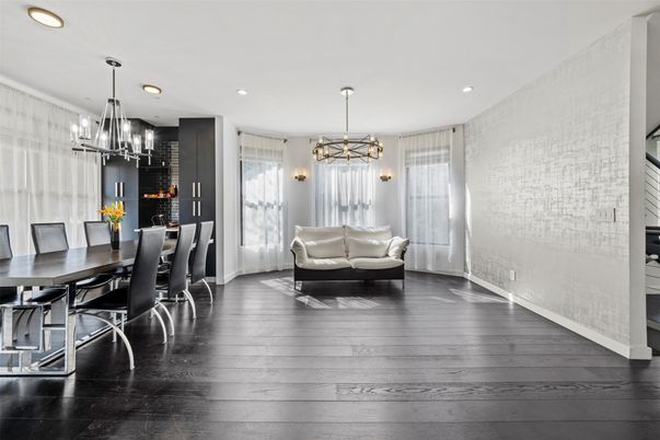 Chandelier, Dining room, Interior, Pendant Lights, Recessed Lighting, Wood Texture Flooring