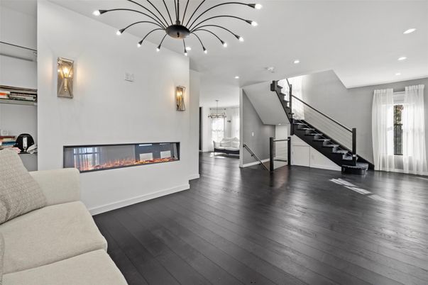 Fireplace, Interior, Pendant Lights, Recessed Lighting, Wood Texture Flooring