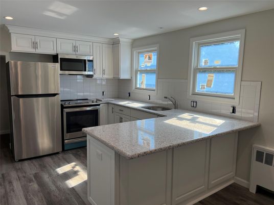 Interior, Kitchen, Recessed Lighting, Stainless Steel Appliances, Wood Texture Flooring