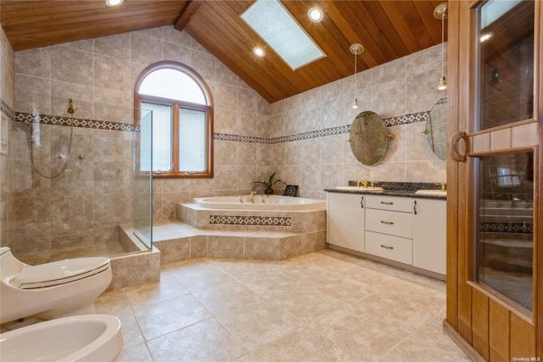 Bathroom, Dual Sink Vanities, Glass Shower, Interior, Recessed Lighting, Wooden Ceilings