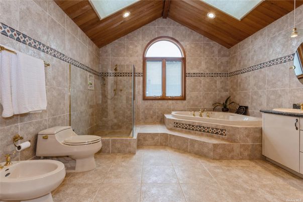 Bathroom, Glass Shower, Interior, Recessed Lighting, Wooden Ceilings