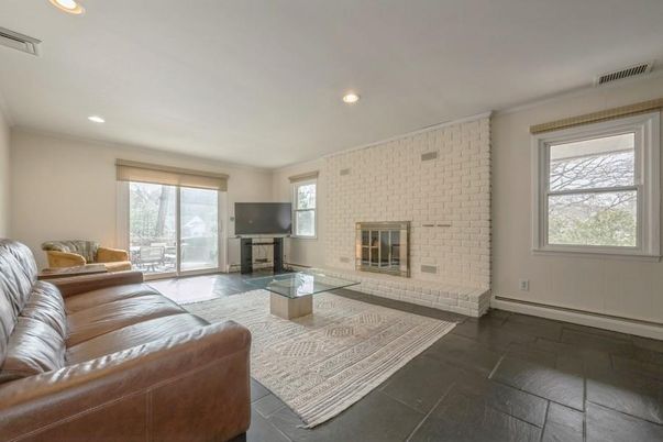 Fireplace, Interior, Living room, Recessed Lighting, Stone Walls