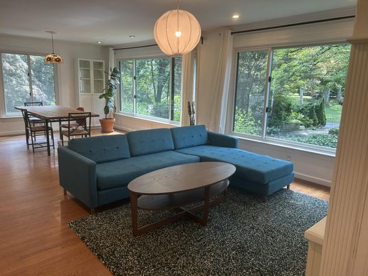 Dining room, Interior, Living room, Pendant Lights, Recessed Lighting, Wood Texture Flooring