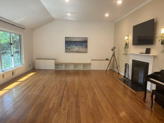 Fireplace, Interior, Piano, Recessed Lighting, Wood Texture Flooring