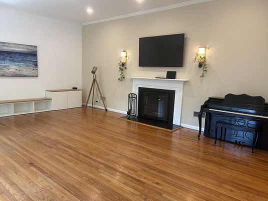 Fireplace, Interior, Piano, Recessed Lighting, Wood Texture Flooring