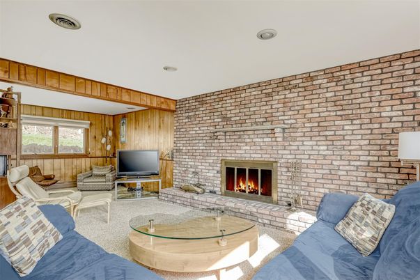 Fireplace, Interior, Living room, Recessed Lighting, Stone Walls