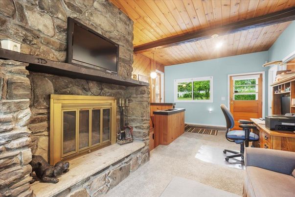 Fireplace, Home Office, Interior, Pendant Lights, Stone Walls, Wooden Beams, Wooden Ceilings