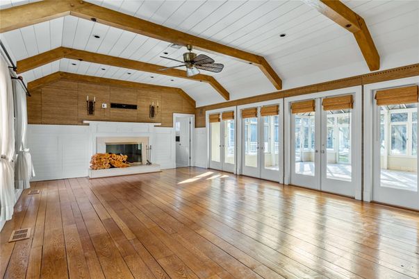 Empty room, Fireplace, Interior, Wooden Beams, Wood Texture Flooring