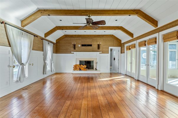 Empty room, Fireplace, Interior, Wooden Beams, Wood Texture Flooring, Wooden Walls