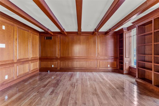 Empty room, Interior, Recessed Lighting, Wooden Beams, Wood Texture Flooring, Wooden Walls