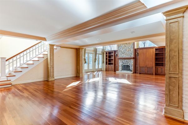 Empty room, Fireplace, Interior, Recessed Lighting, Wooden Beams, Wood Texture Flooring