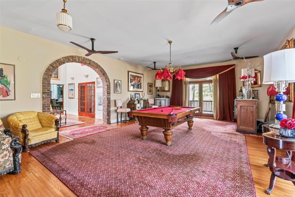 Billiard Table, Game Room, Interior, Pendant Lights, Wood Texture Flooring