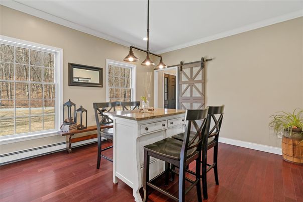 Dining room, Interior, Pendant Lights, Recessed Lighting, Wood Texture Flooring