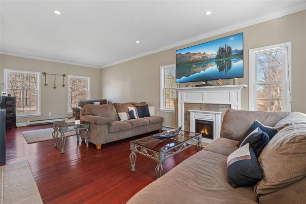 Fireplace, Interior, Living room, Recessed Lighting, Wood Texture Flooring