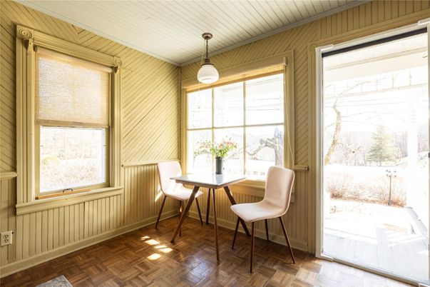 Dining room, Interior, Pendant Lights, Wood Texture Flooring