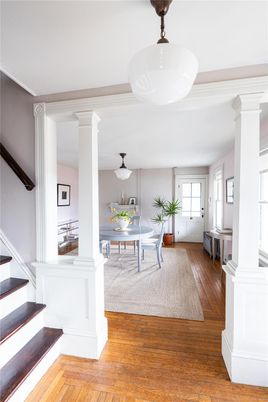 Dining room, Interior, Pendant Lights, Wood Texture Flooring