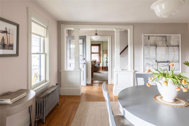 Dining room, Interior, Pendant Lights, Wood Texture Flooring