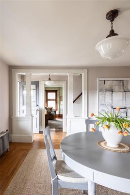 Dining room, Interior, Pendant Lights, Wood Texture Flooring