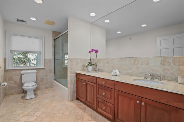 Bathroom, Dual Sink Vanities, Glass Shower, Interior, Recessed Lighting