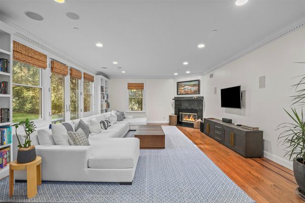 Fireplace, Interior, Living room, Recessed Lighting, Wood Texture Flooring