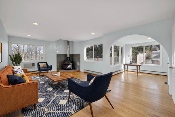 Fireplace, Interior, Living room, Recessed Lighting, Wood Texture Flooring