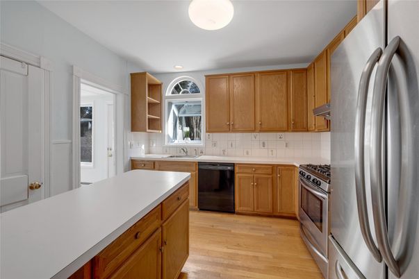 Interior, Kitchen, Recessed Lighting, Stainless Steel Appliances, Wood Texture Flooring