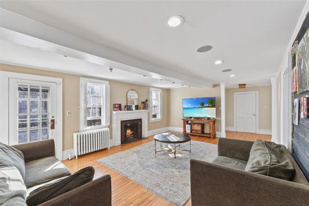 Fireplace, Interior, Living room, Recessed Lighting, Wood Texture Flooring