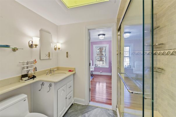 Bathroom, Glass Shower, Interior, Wood Texture Flooring