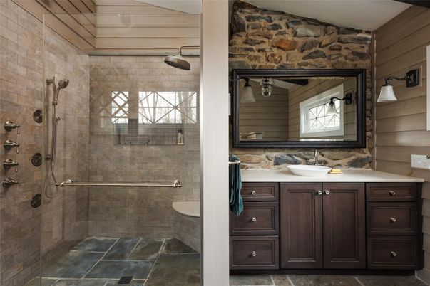 Bathroom, Glass Shower, Interior, Stone Walls