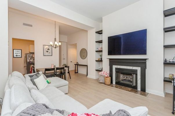 Chandelier, Dining room, Fireplace, Interior, Living room, Pendant Lights, Wood Texture Flooring
