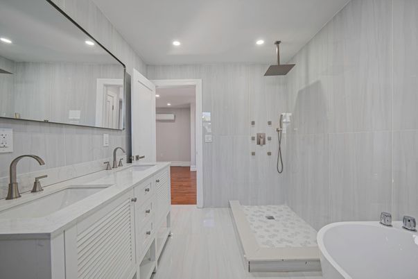 Bathroom, Dual Sink Vanities, Free Standing Baths, Interior, Recessed Lighting, Wood Texture Flooring