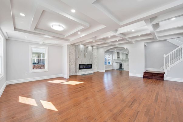 Empty room, Fireplace, Interior, Recessed Lighting, Wood Texture Flooring