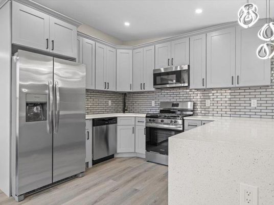 Interior, Kitchen, Pendant Lights, Recessed Lighting, Stainless Steel Appliances, Wood Texture Flooring