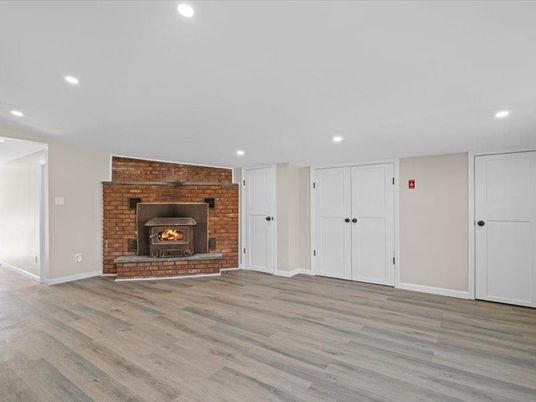 Empty room, Fireplace, Interior, Recessed Lighting, Wood Texture Flooring