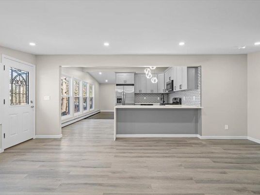 Interior, Kitchen, Recessed Lighting, Stainless Steel Appliances, Wood Texture Flooring