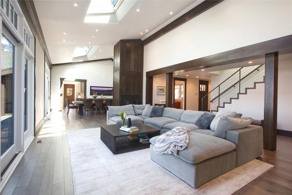 Dining room, Interior, Living room, Recessed Lighting, Wood Texture Flooring